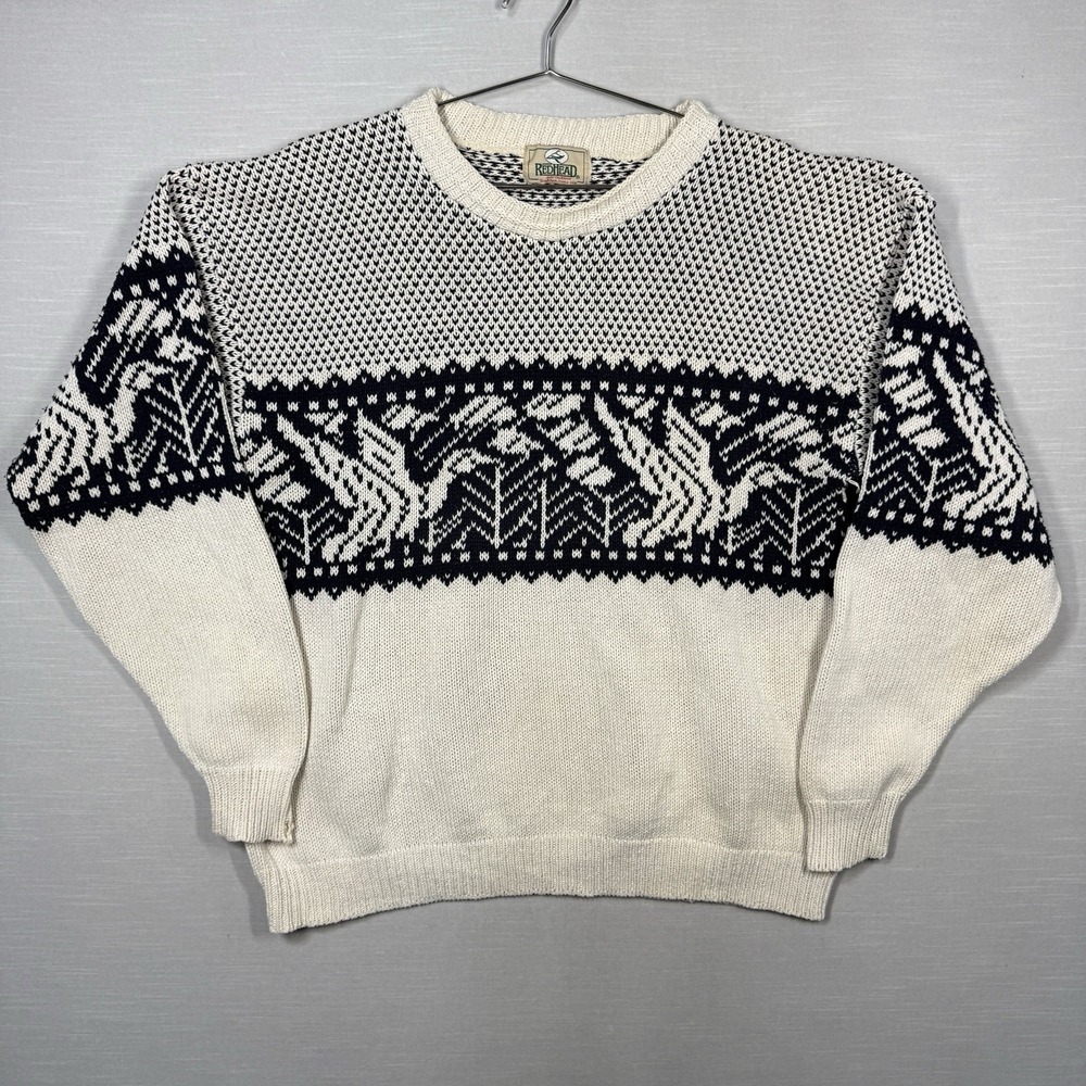 Vintage RedHead Duck Sweater Men L Blue Ivory Nordic Knit‎ Pullover Worn Stained